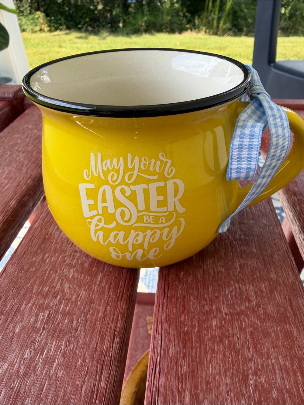 Yellow Easter Ceramic Mug with Blue Gingham Ribbon